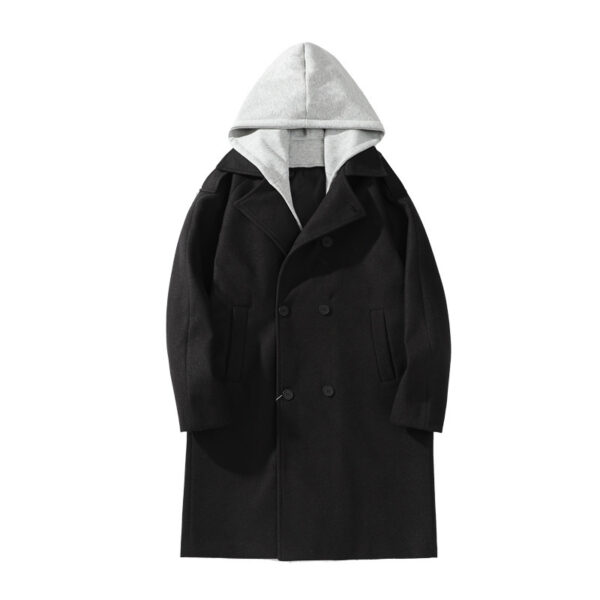 Contrasting Colour Fake Two-piece Detachable Hooded Coat Mid-length Large Size Woollen Jacket