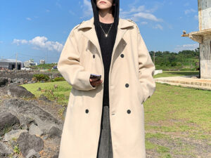 Contrasting Colour Fake Two-piece Detachable Hooded Coat Mid-length Large Size Woollen Jacket
