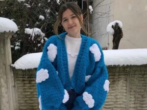 Women's Hand-knitted Winter Lazy Style Jacket with Three-dimensional Crocheted Flowers or Fruit