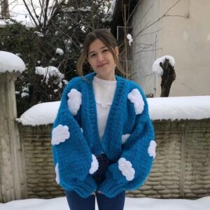 Women's Hand-knitted Winter Lazy Style Jacket with Three-dimensional Crocheted Flowers or Fruit