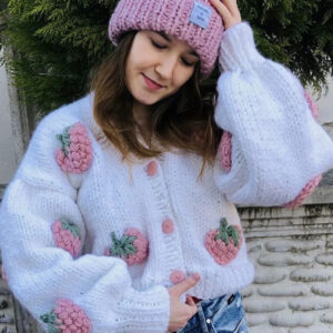 Women's Hand-knitted Winter Lazy Style Jacket with Three-dimensional Crocheted Flowers or Fruit