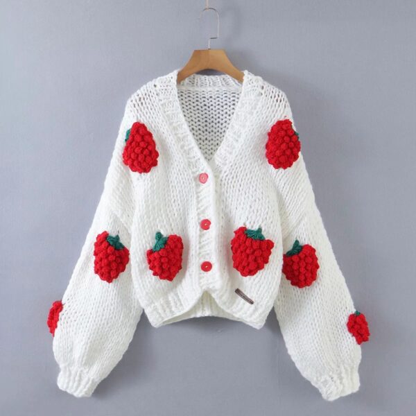 Women's Hand-knitted Winter Lazy Style Jacket with Three-dimensional Crocheted Flowers or Fruit