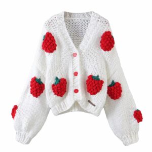 Women's Hand-knitted Winter Lazy Style Jacket with Three-dimensional Crocheted Flowers or Fruit