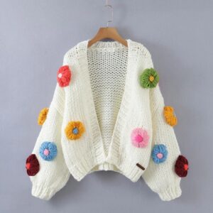Women's Hand-knitted Winter Lazy Style Jacket with Three-dimensional Crocheted Flowers or Fruit
