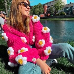 Women's Hand-knitted Winter Lazy Style Jacket with Three-dimensional Crocheted Flowers or Fruit