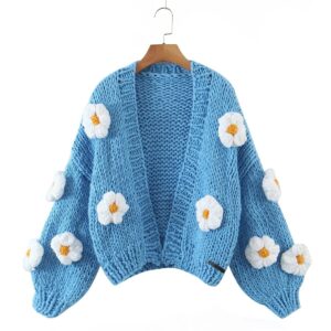 Women's Hand-knitted Winter Lazy Style Jacket with Three-dimensional Crocheted Flowers or Fruit