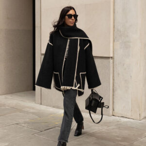 Loose Fitting Blanket Stitch Woollen Short Coat With Scarf