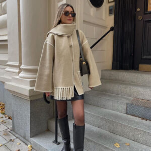 Loose Fitting Blanket Stitch Woollen Short Coat With Scarf