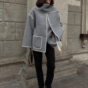Loose Fitting Blanket Stitch Woollen Short Coat With Scarf