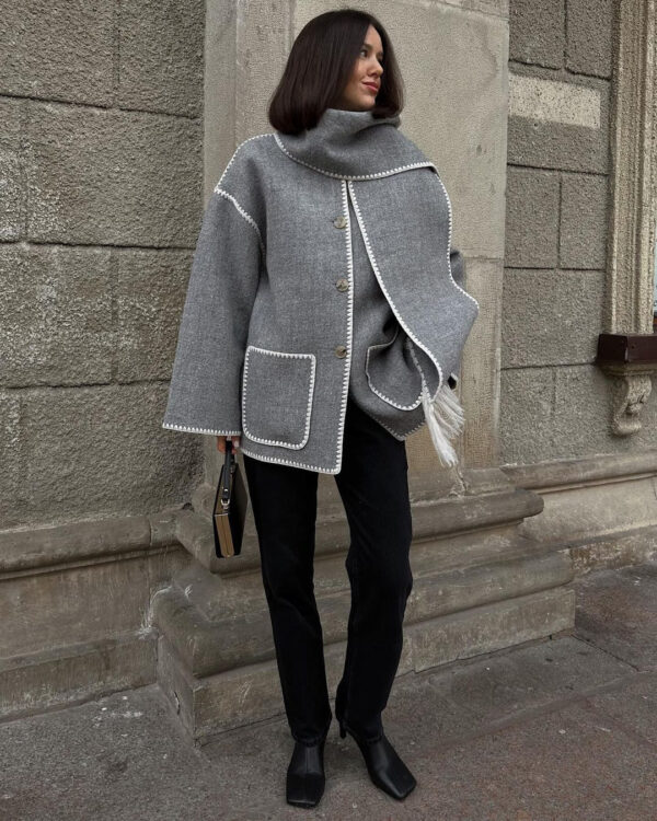 Loose Fitting Blanket Stitch Woollen Short Coat With Scarf