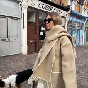 Loose Fitting Blanket Stitch Woollen Short Coat With Scarf