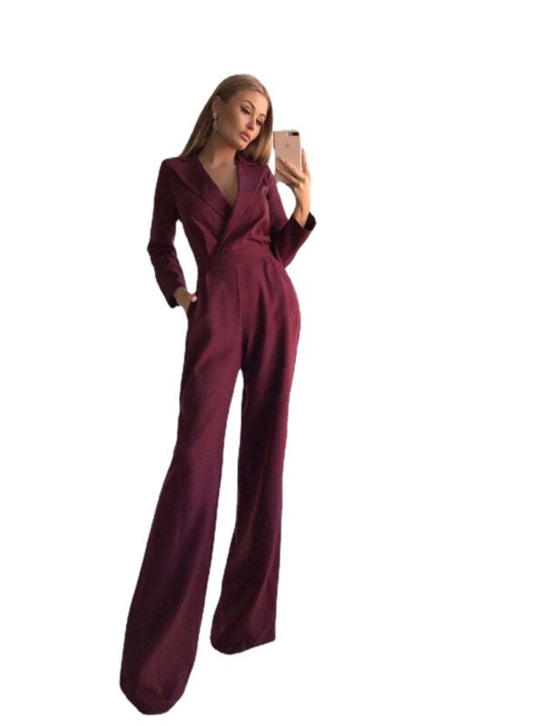 Long-sleeved Slim V-neck Jumpsuit