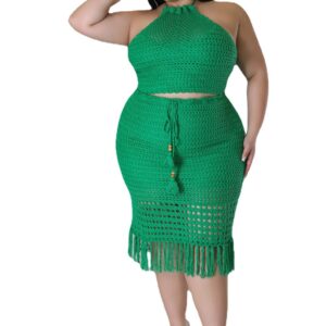 Plus Size Women's Tassel Fishnet Casual Jersey Two-piece