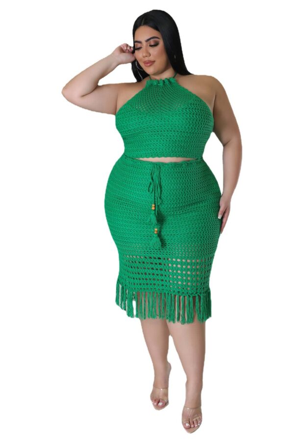 Plus Size Women's Tassel Fishnet Casual Jersey Two-piece