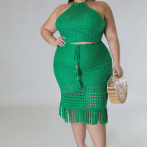 Plus Size Women's Tassel Fishnet Casual Jersey Two-piece