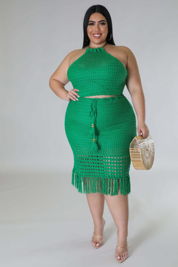 Plus Size Women's Tassel Fishnet Casual Jersey Two-piece