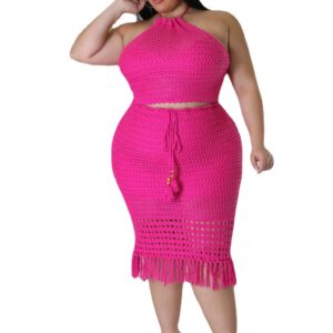 Plus Size Women's Tassel Fishnet Casual Jersey Two-piece