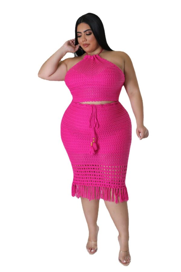 Plus Size Women's Tassel Fishnet Casual Jersey Two-piece