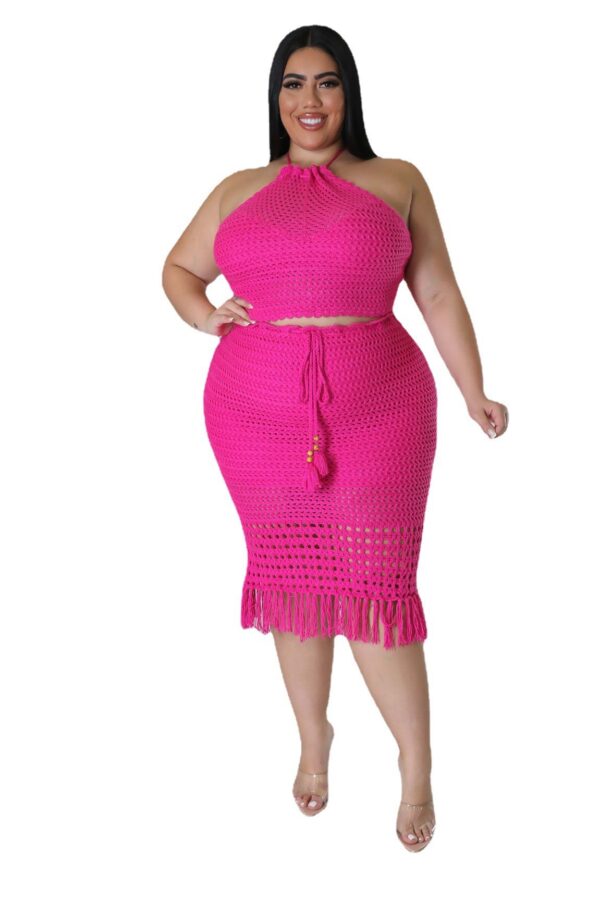 Plus Size Women's Tassel Fishnet Casual Jersey Two-piece