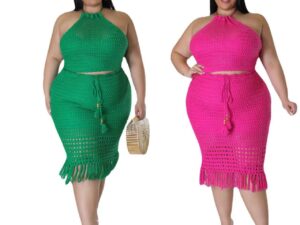 Plus Size Women's Tassel Fishnet Casual Jersey Two-piece