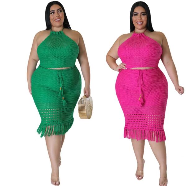 Plus Size Women's Tassel Fishnet Casual Jersey Two-piece