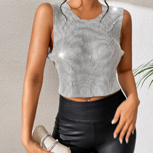 Women's Nightclub Backless Vest Metal Sheet Rhinestone Chain Short Top
