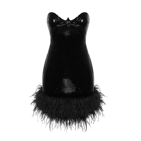 Women's Black Fitted Sequin Feather Strapless Dress