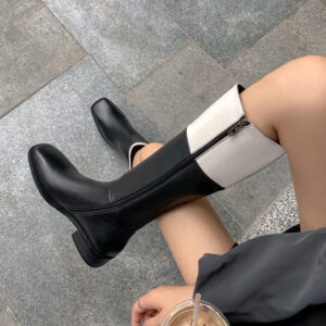 Square Toe Two Tone or Plain Women's Thick Heel Side Zipper Knee-high Boots