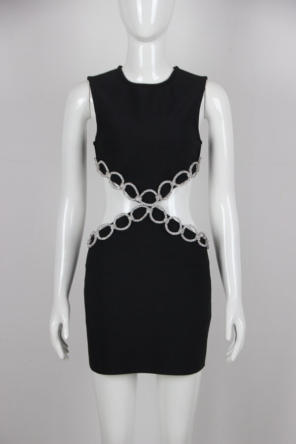 Women's Sleeveless Hollow Waist Crystal Drilling Detail Bandage Dress