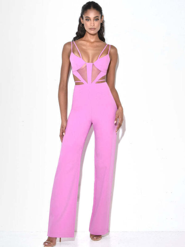 Sling Hollow Backless High Waist Slim Solid Colour Bandage Jumpsuit
