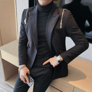 Men's Zipper Feature Double-Breasted Peak Lapel Suit Jacket Slim-Fit