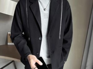 Men's Casual Suit Jacket with Sloped Shoulders & Front Zipper Feature