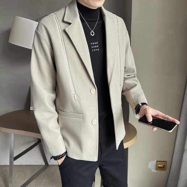 Men's Casual Suit Jacket with Sloped Shoulders & Front Zipper Feature