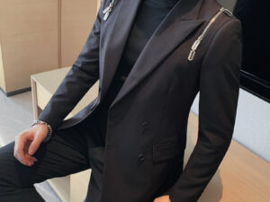Men's Zipper Feature Double-Breasted Peak Lapel Suit Jacket Slim-Fit