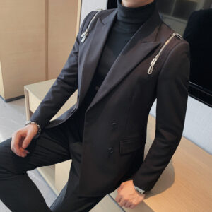 Men's Zipper Feature Double-Breasted Peak Lapel Suit Jacket Slim-Fit