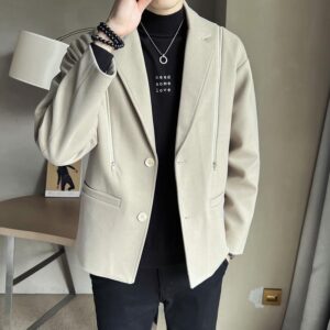 Men's Casual Suit Jacket with Sloped Shoulders & Front Zipper Feature