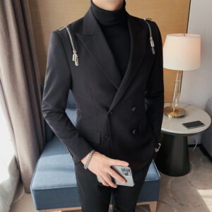 Men's Zipper Feature Double-Breasted Peak Lapel Suit Jacket Slim-Fit