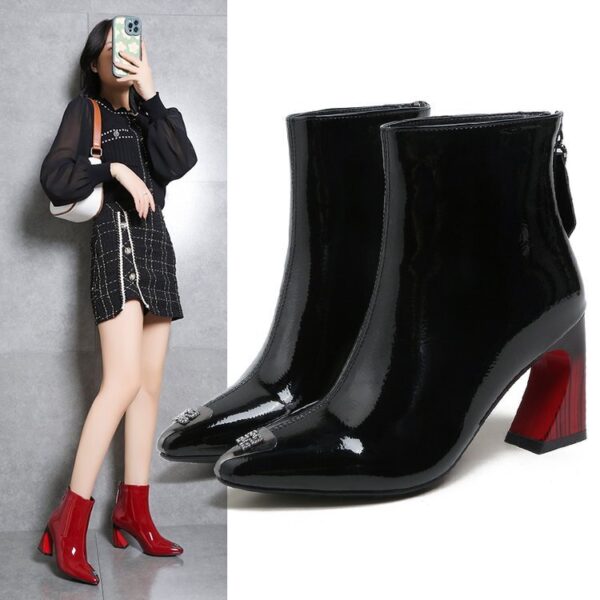 Women's Unique Heel, Pointed Toe Detail, Patent Leather, Soft Texture Ankle Boots