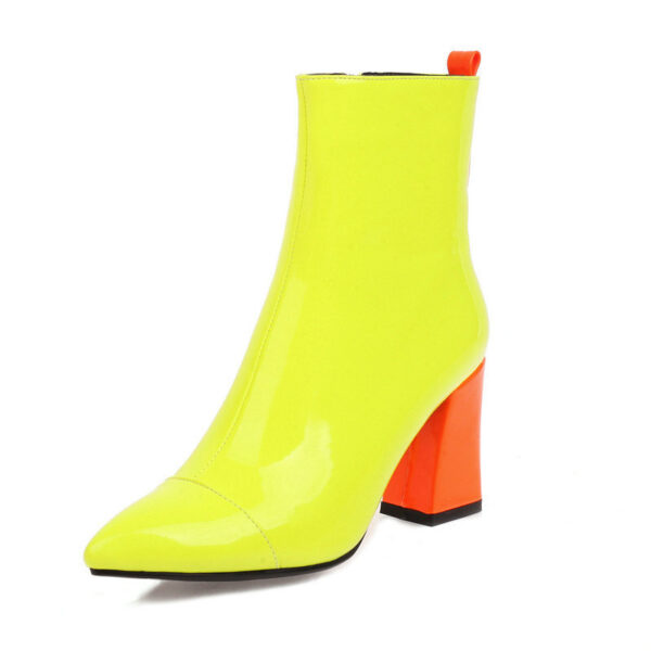 Women's Patent Leather, Orange Signature Block Heel, Pointed Toe, Side Zipper Ankle Boots (max size 48)