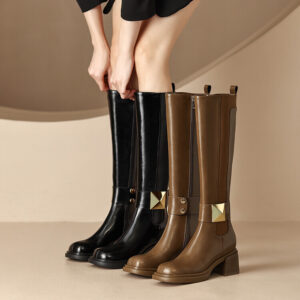 Leather Block Heel Stretch Knight Boots