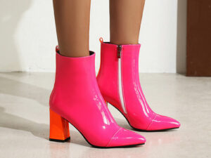 Women's Patent Leather, Orange Signature Block Heel, Pointed Toe, Side Zipper Ankle Boots (max size 48)