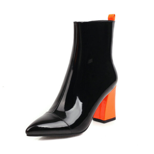 Women's Patent Leather, Orange Signature Block Heel, Pointed Toe, Side Zipper Ankle Boots (max size 48)