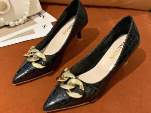 Women's French Pointed Toe, Low Heel Shoes with Chain