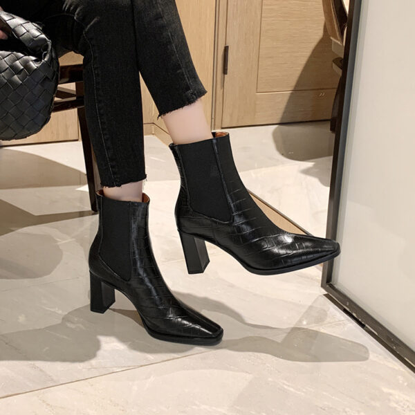 Women's Leather Square Toe Lower Calf High Heel Boots