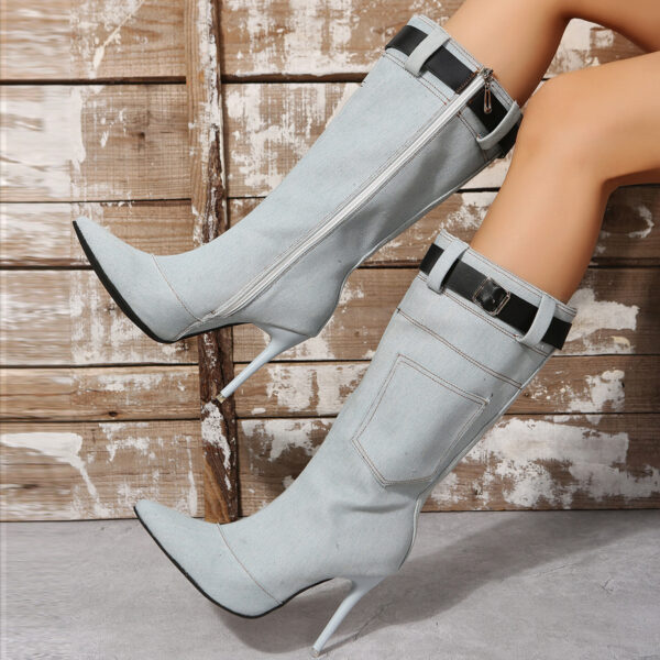 Women's Denim Pocket, Belt Buckle Thin Heel Long Boots