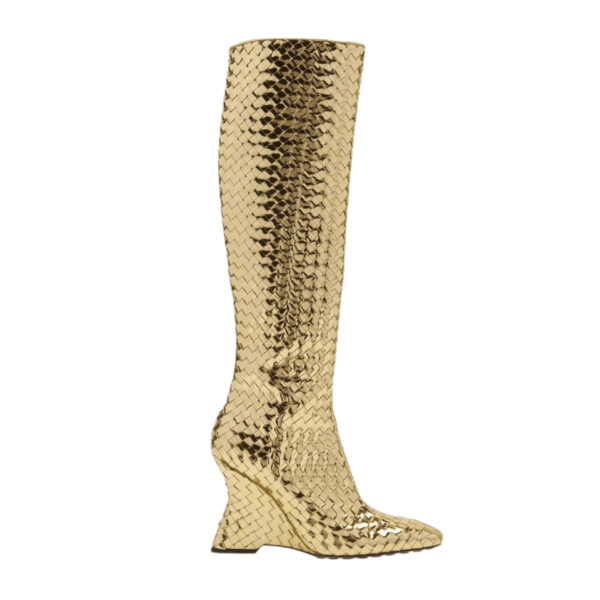 Hot-Off-The-Catwalk Hand-woven Square Toe Wedge Gold/Silver High Heel Boots (max. size 43)