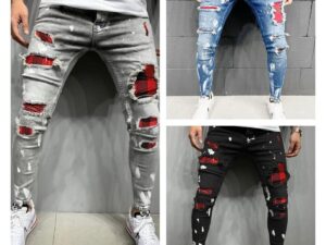 Men's Washed Check Colourblock Jeans