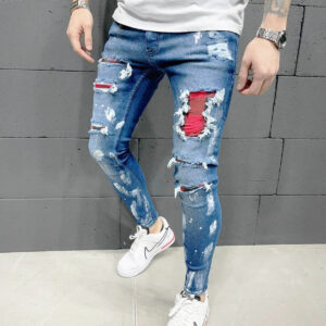 Men's Washed Check Colourblock Jeans