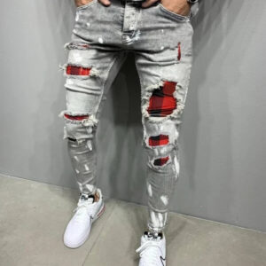Men's Washed Check Colourblock Jeans
