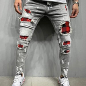 Men's Washed Check Colourblock Jeans